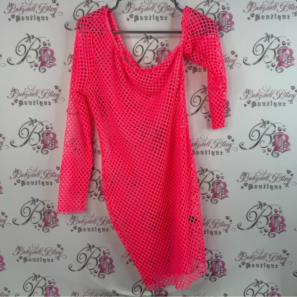 SHEIN dress coverup fishnet mesh bright Neon Pink Mesh Dress beach swim